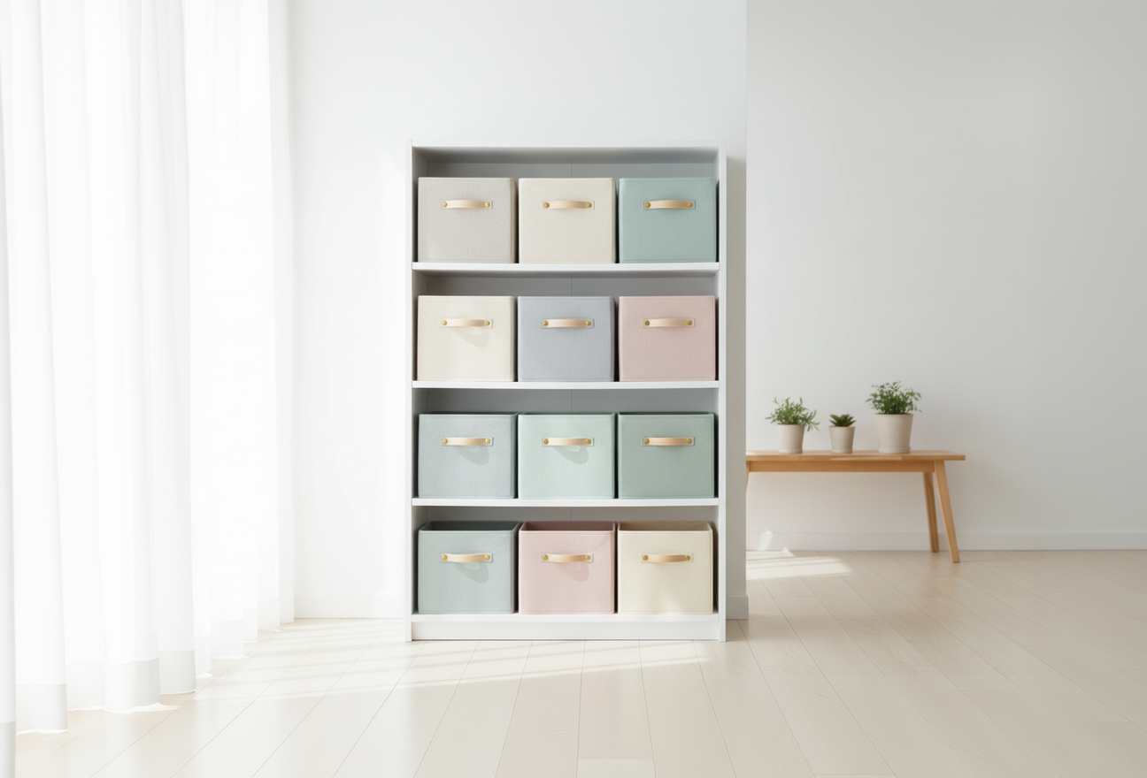 ein helleres bild mit weißen regal und nicht so bunten boxen